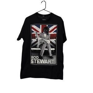 Rod Stewart 2014 Tour T-Shirt Large Black Band Tee 100% Cotton UK Flag